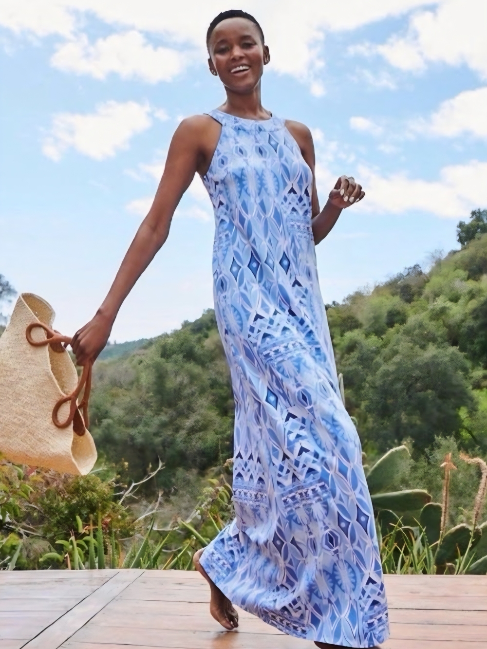 J. McLaughlin Blue Geometric Halter Maxi Dress